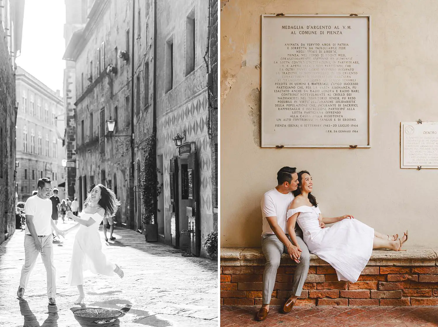Celebrating the love with an exciting and fun engagement session in Pienza iconic streets
