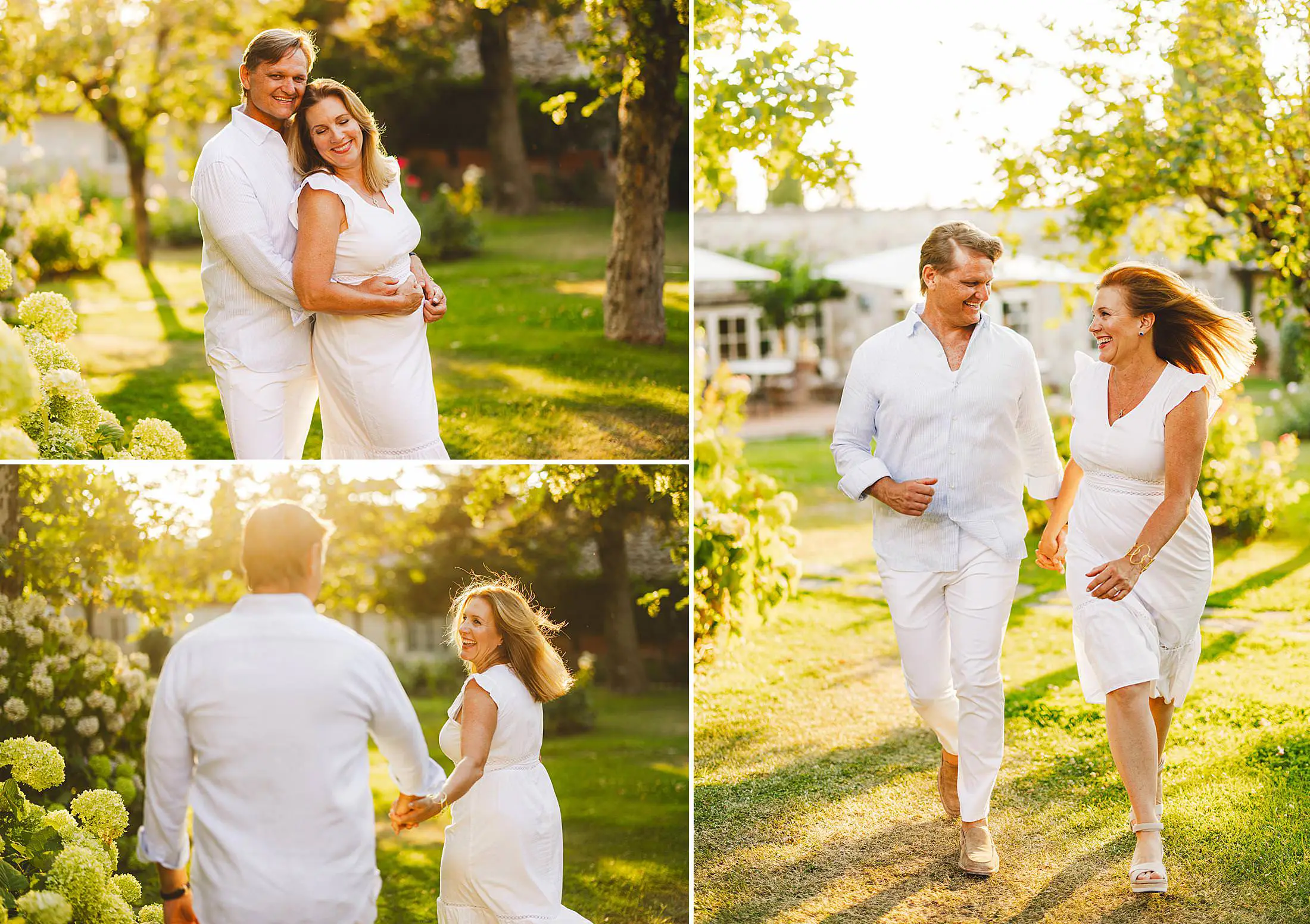 Elegant and smiling couple during a family vacation photo shoot in Tuscany at Borgo San Felice under golden hour