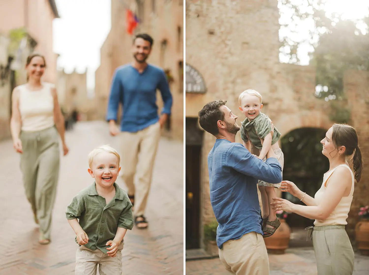 Exciting and fan spontaneous family photos into Tuscan streets of Certaldo Alto village