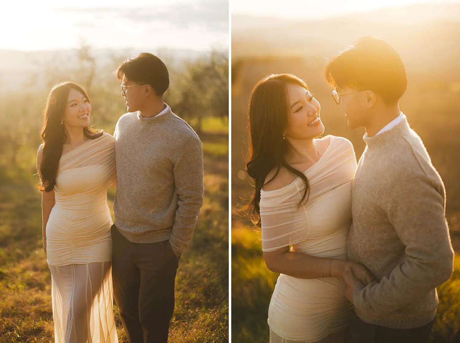 Elegant engagement photo shoot in the Tuscan countryside of Pienza at sunset with golden hour