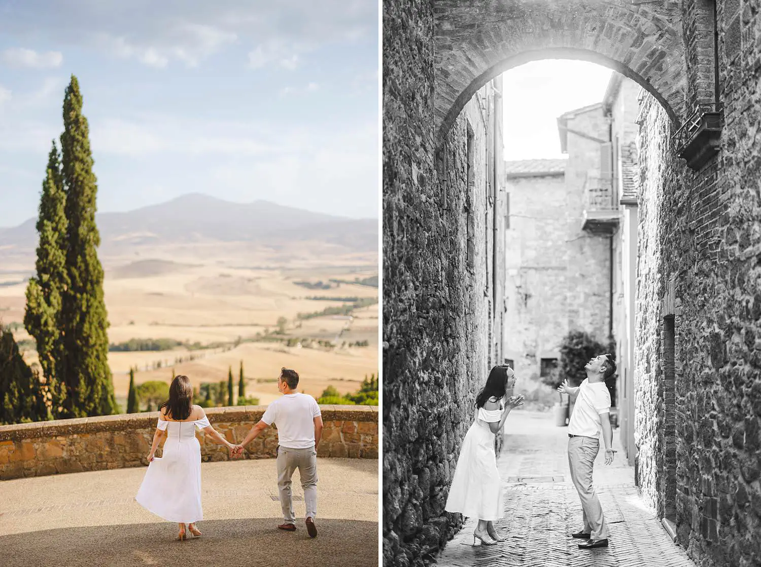 A romantic couple session in Val d’Orcia featuring golden light and candid moments
