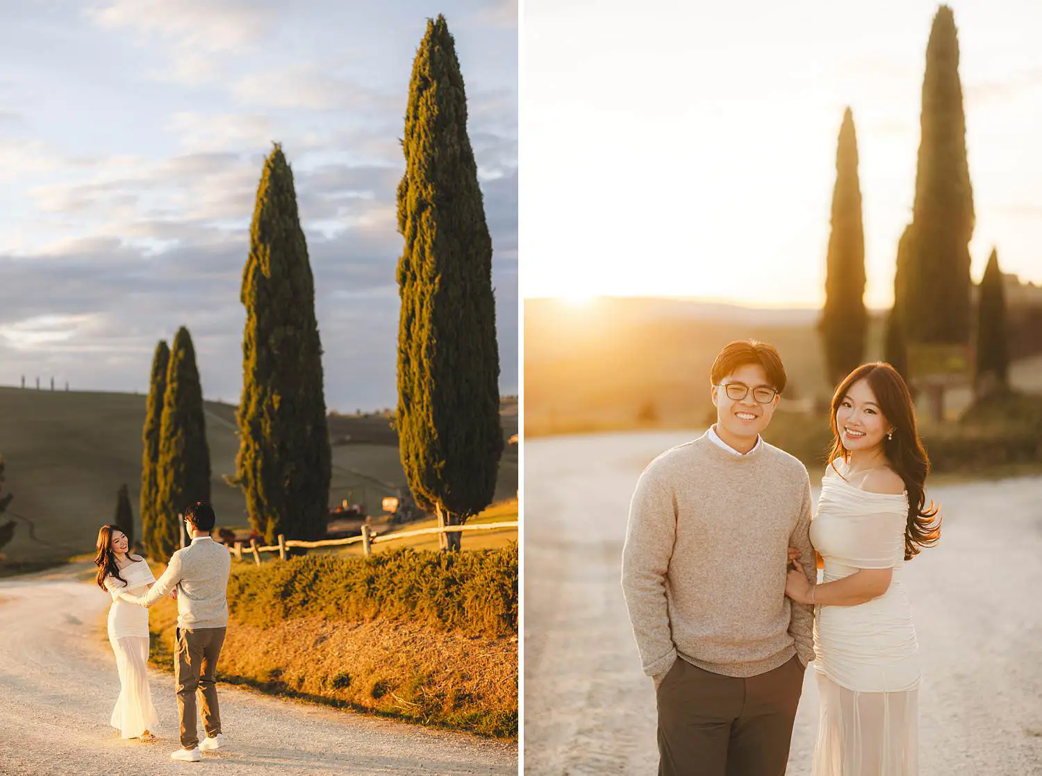 Engagement photos in the Tuscan countryside of Pienza at sunset with golden hour