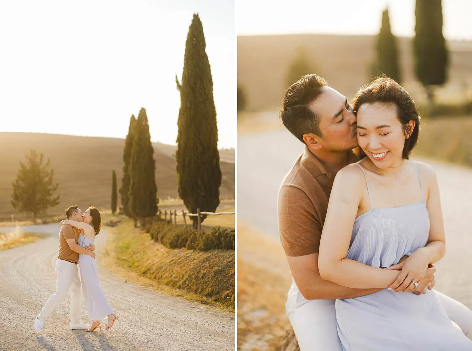 Golden light romantic couple engagement photo session in the countryside of Pienza