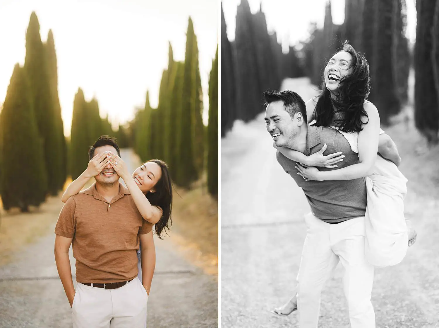 Engagement photo shoot experience filled with laughter, connection, and genuine emotion in the countryside of Pienza