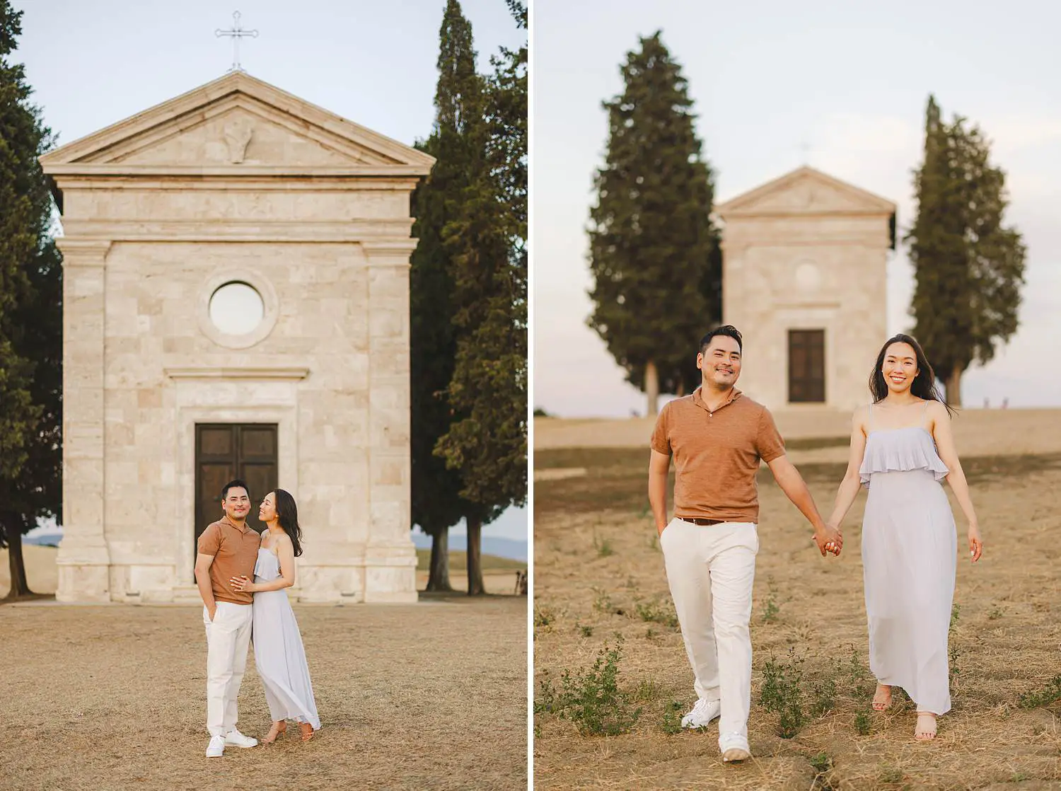 Lovely couple photo shoot at Chapel of Vitaleta in the heart of Val d’Orcia near Pienza
