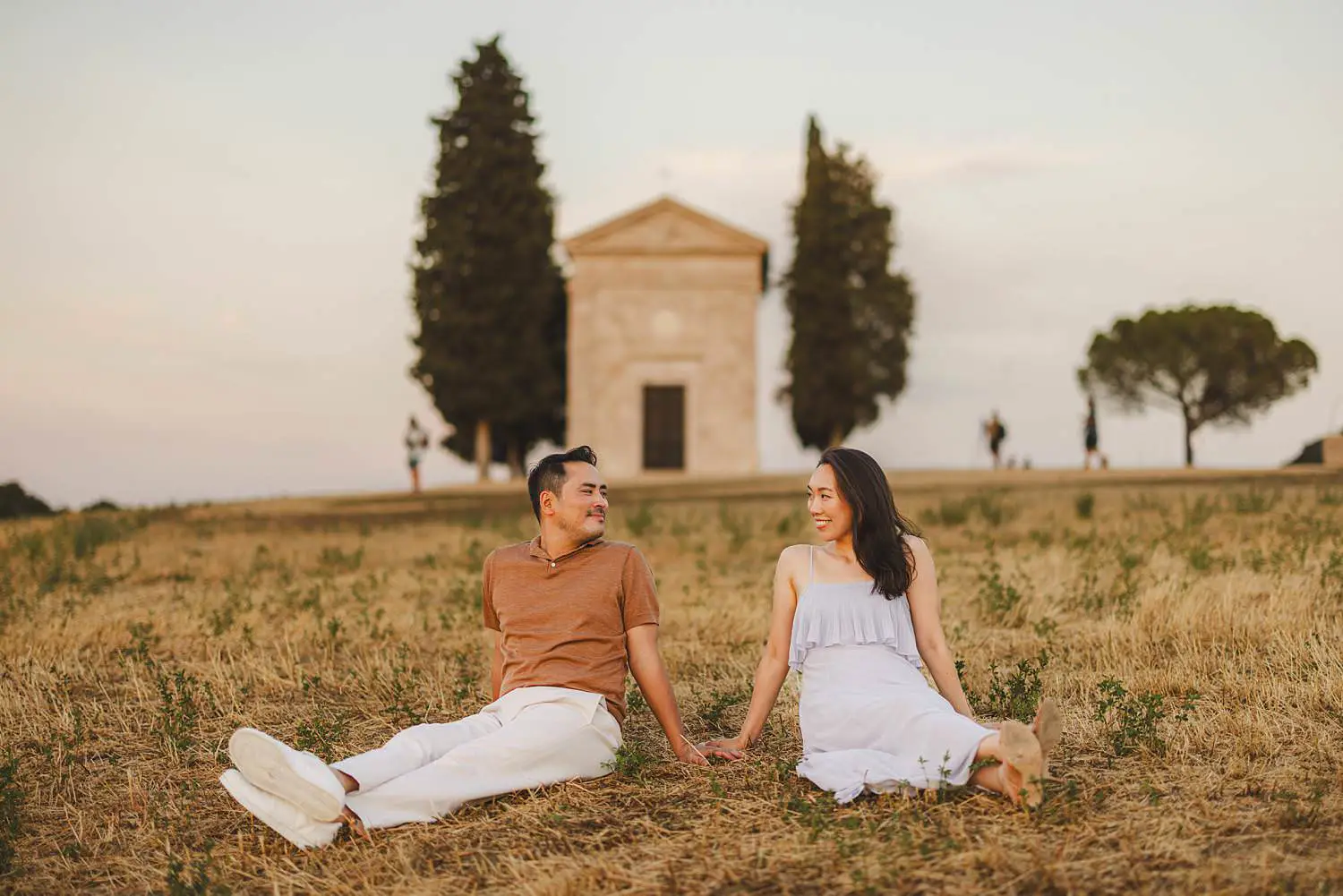 Engagement photo shoot at Chapel of Vitaleta at sunset