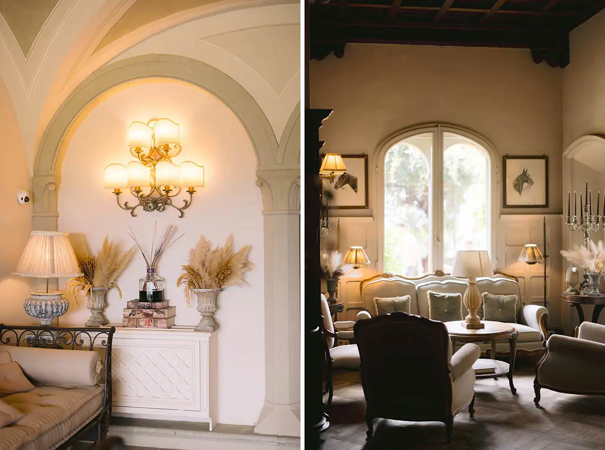 Elegant sitting room and dressing area at Villa Le Fontanelle on the wedding morning.