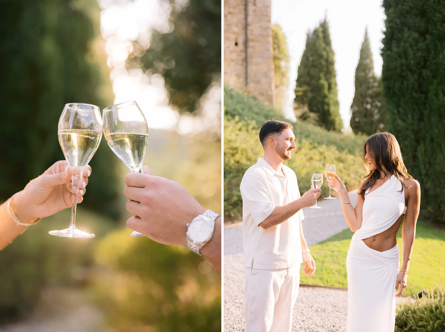 Celebration with raised glasses and Dekota and Aiden sharing an engagement toast in the castle gardens.