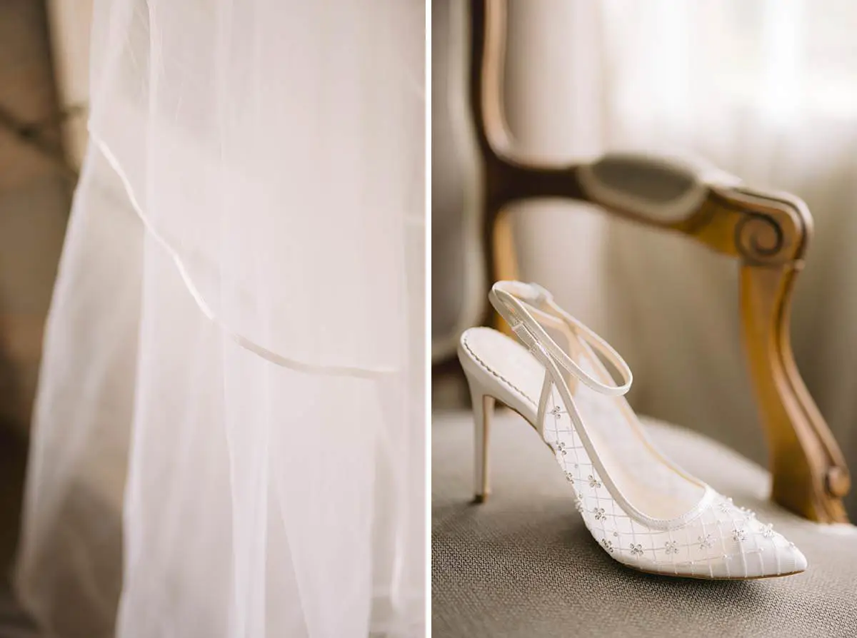 Bridal shoes beside a sheer veil on an antique chair during preparations at Villa Le Fontanelle.