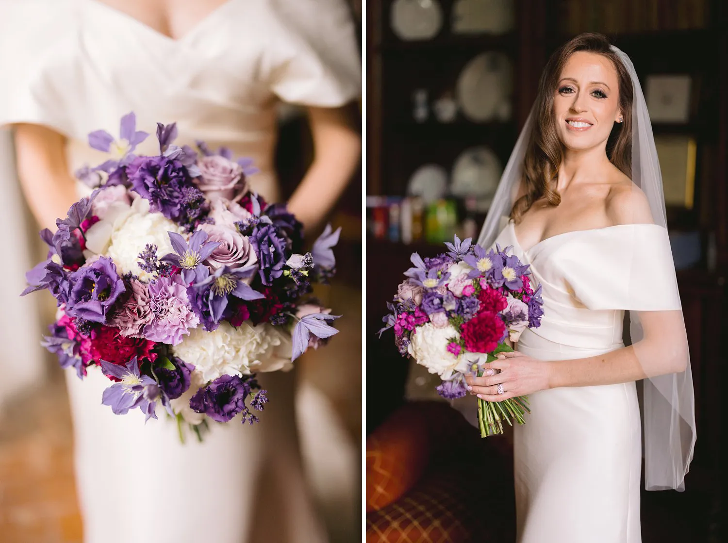 Two photographs of Kathryn at Villa Corsini: a close-up of her purple and pink bouquet and a smiling portrait in her bridal gown.