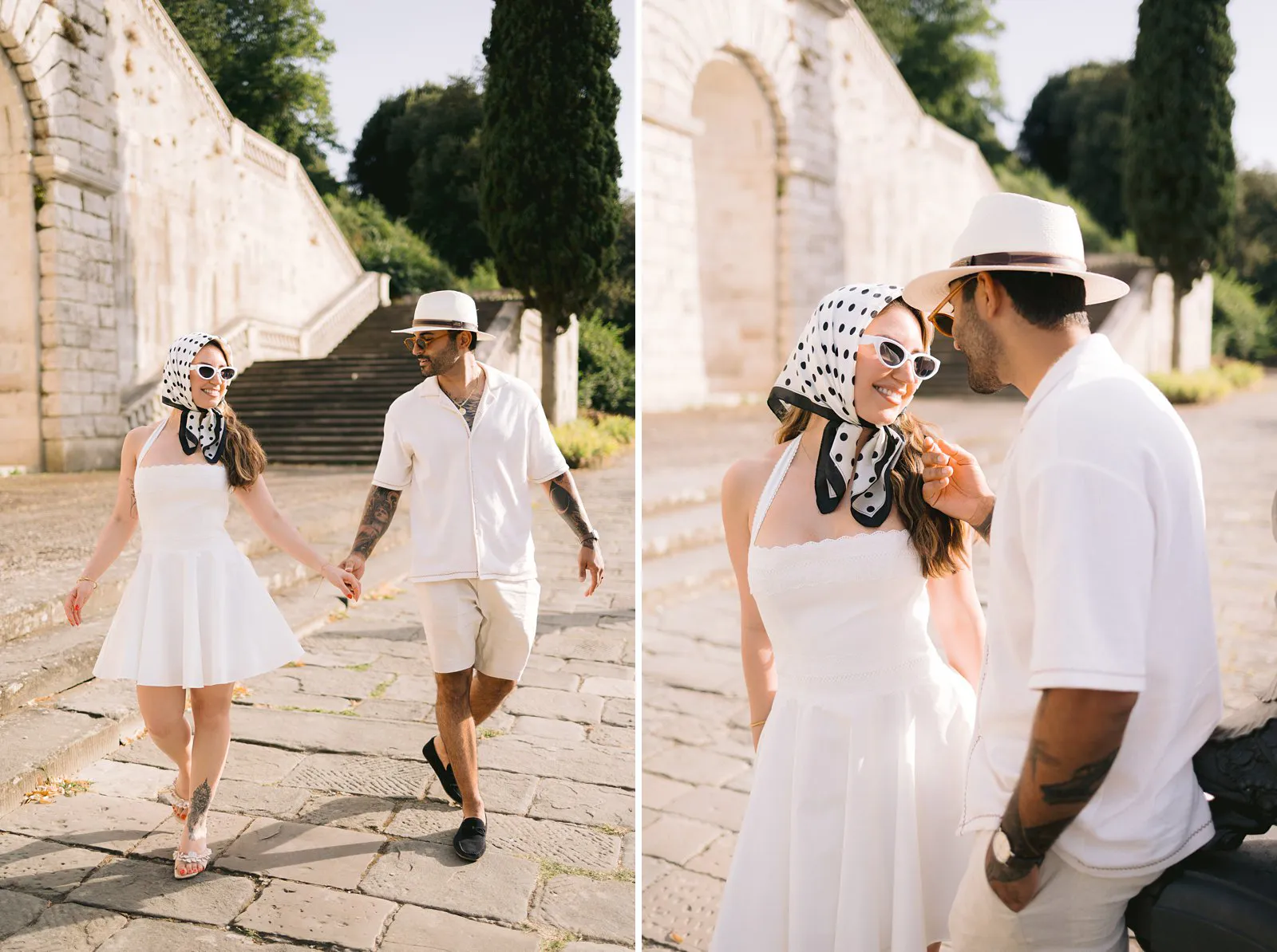 Two portraits in Florence: Nere and Leo walking hand in hand by a stone staircase, then smiling together in a close-up.