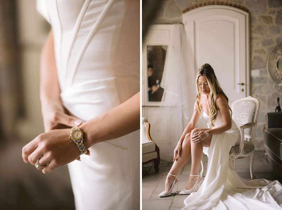 Bride in her wedding dress adjusts her shoes in a Villa Le Fontanelle suite.