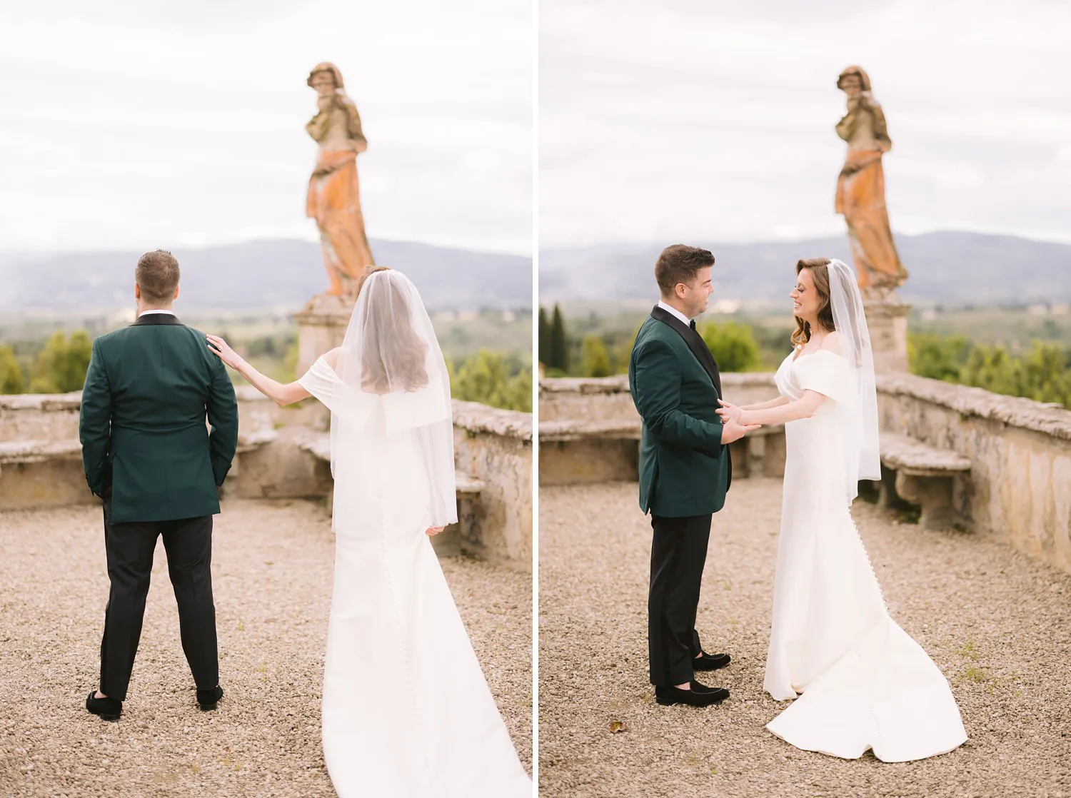 Two photographs show Kathryn touching Kevin's shoulder and Kevin turning to face her during their first look in the gardens of Villa Corsini.
