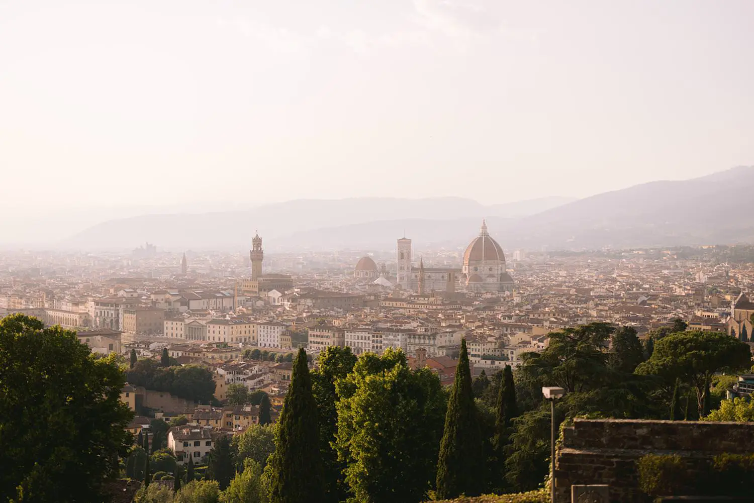 Panoramic Florence skyline with Florence Cathedral viewed from San Miniato al Monte.