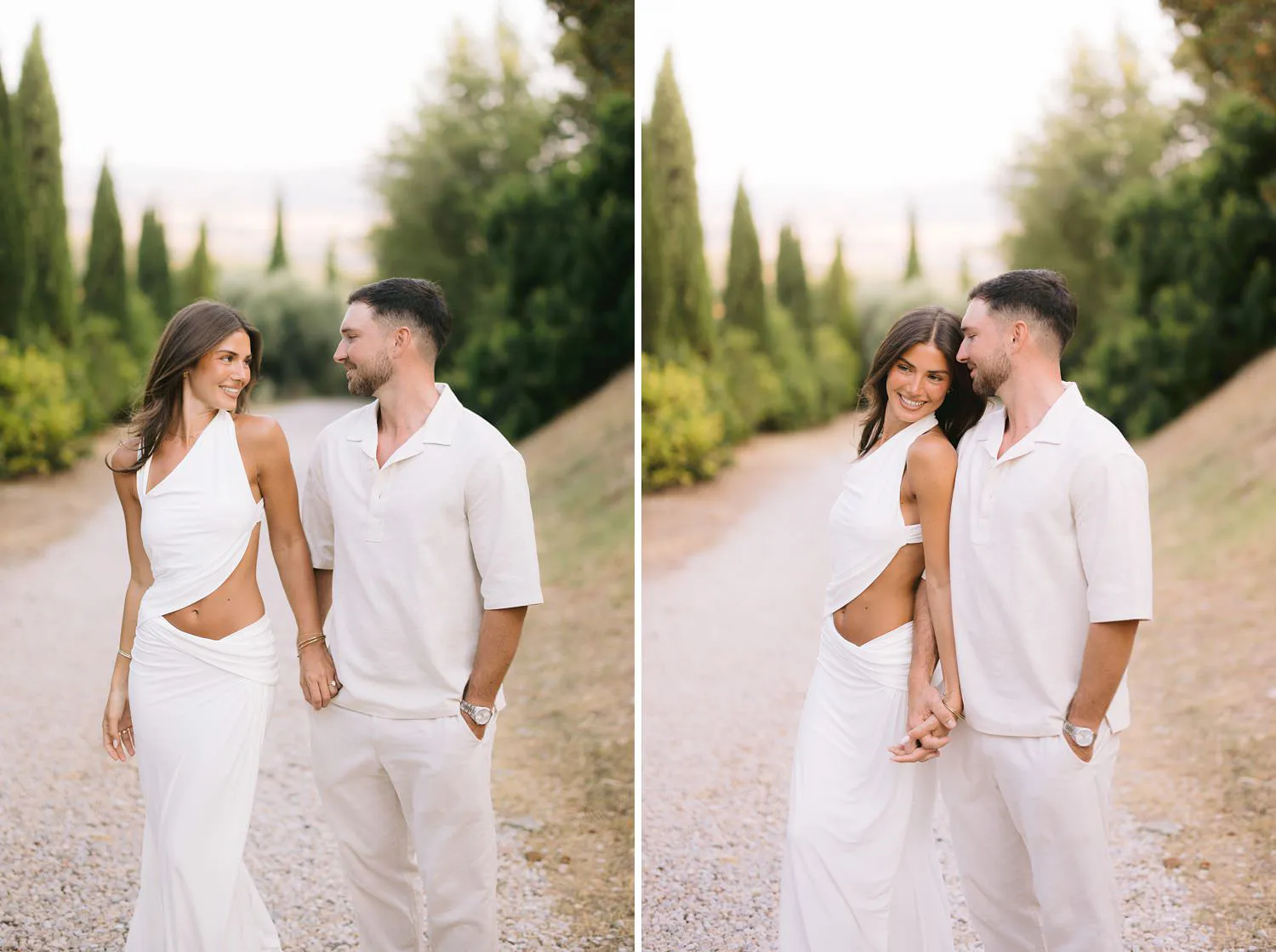 Candid moments of Dekota and Aiden holding hands and smiling together on the castle driveway.