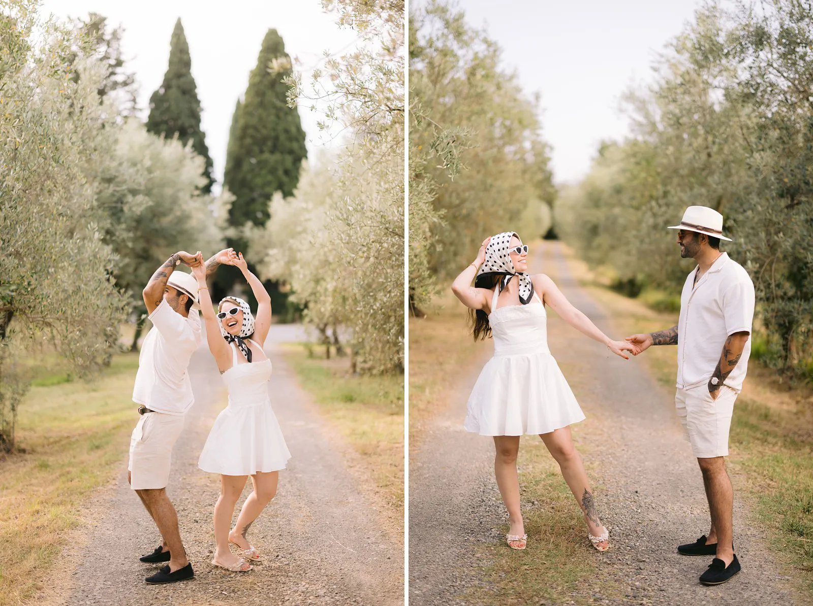Two photographs of Nere and Leo holding hands on an olive-lined path in Tuscany, with Nere twirling in her white dress.