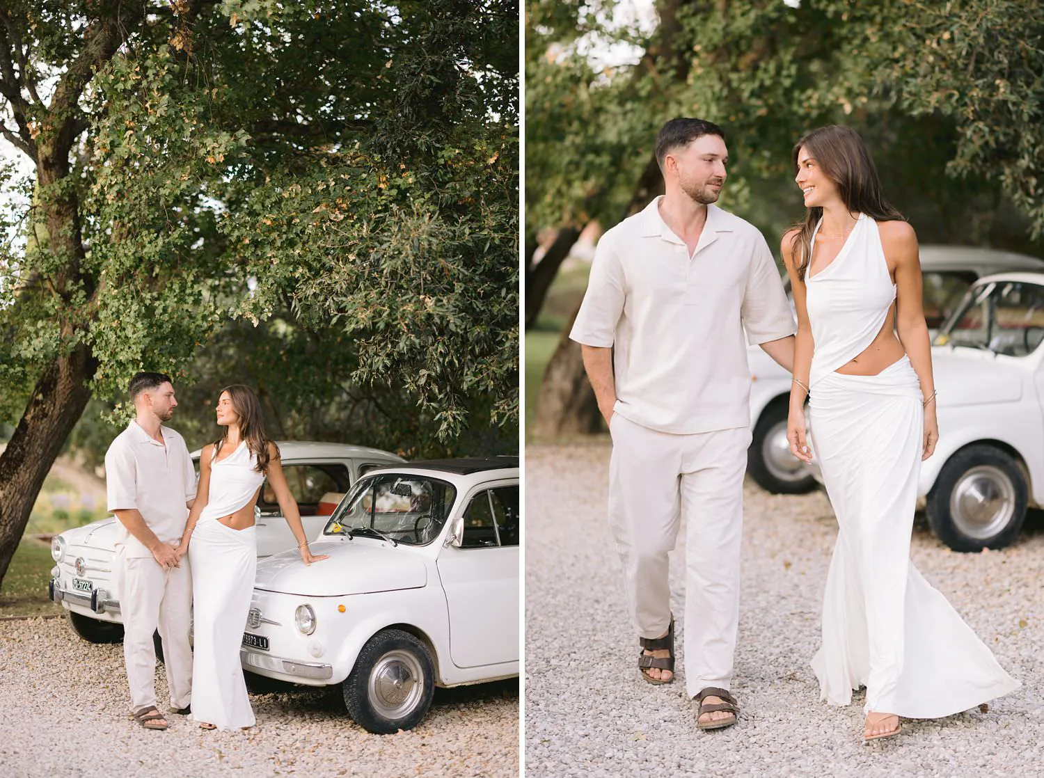 Lovely Dekota and Aiden beside white vintage Italian cars and walking together beneath the trees.