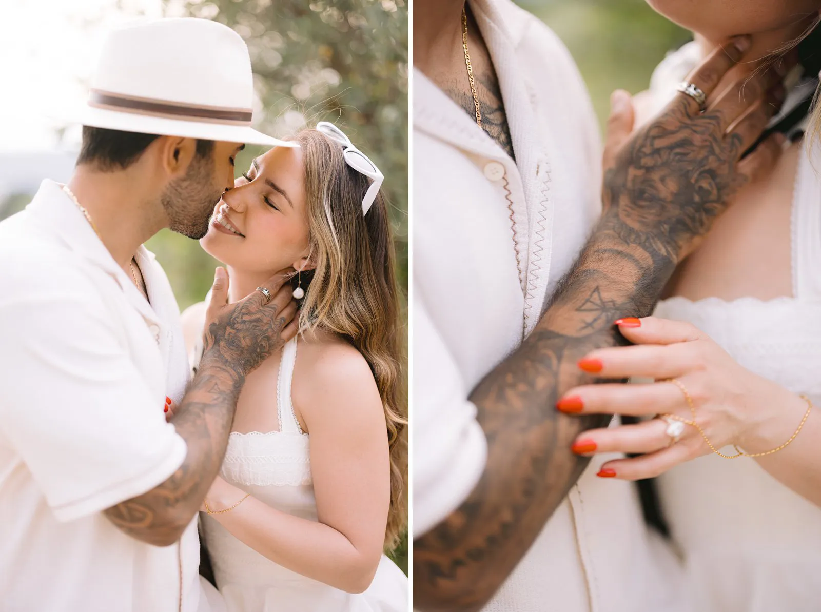 Two close photographs of Nere and Leo in Tuscany: a tender kiss and a detail of Nere's engagement ring against Leo's chest.
