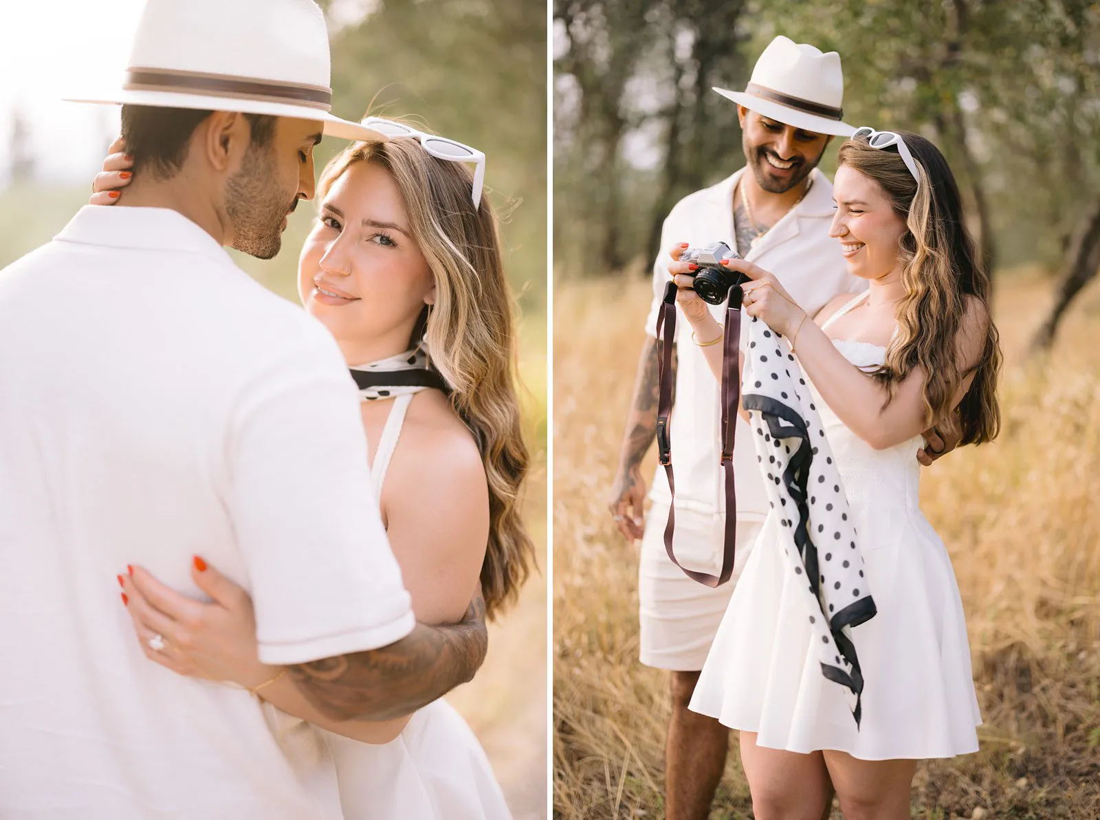 Two portraits of Nere and Leo in Tuscany: embracing beneath the trees and smiling together while looking at a camera.