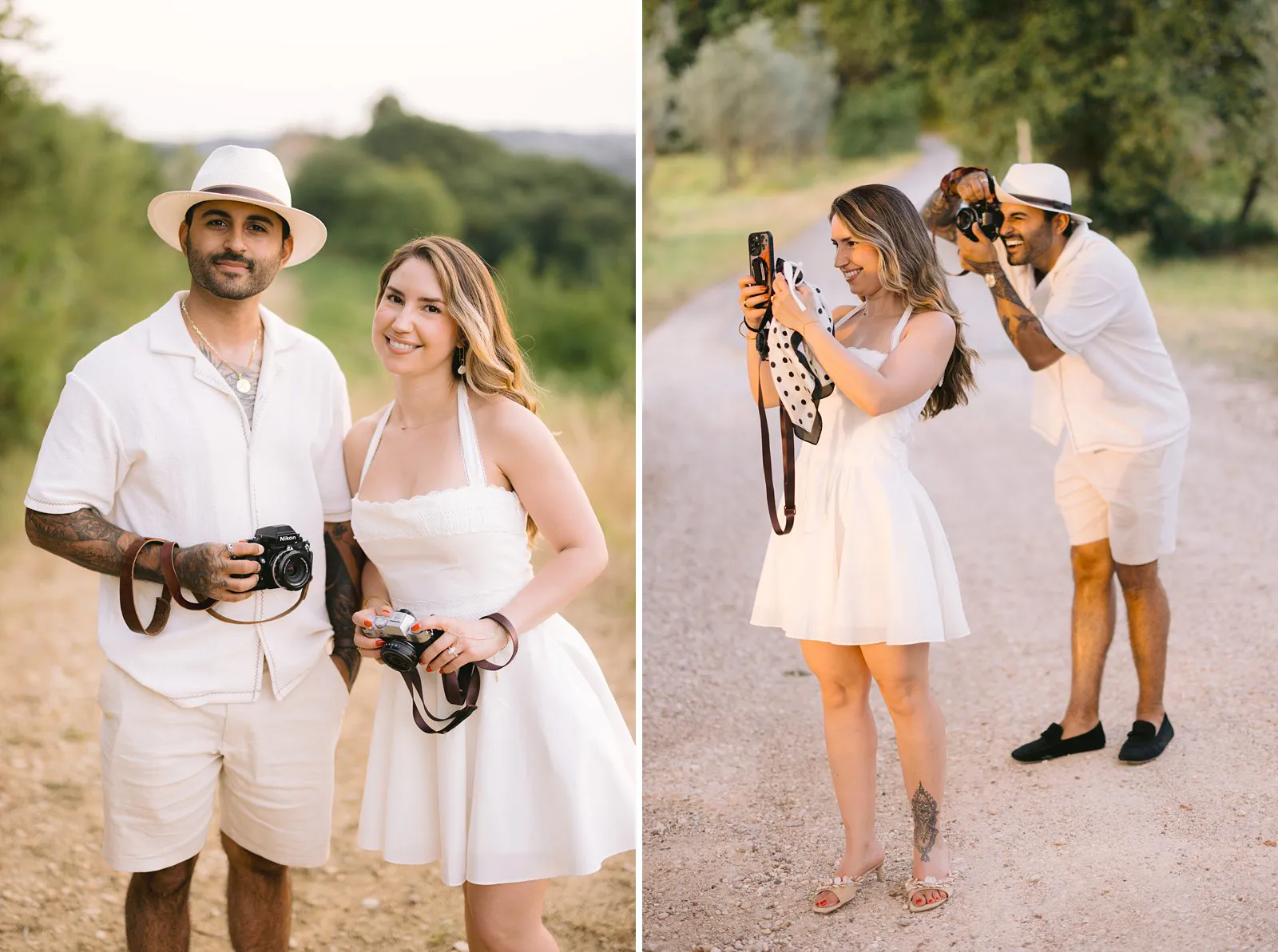 Two photographs of Nere and Leo with cameras in Chianti: posing side by side and playfully photographing their surroundings.