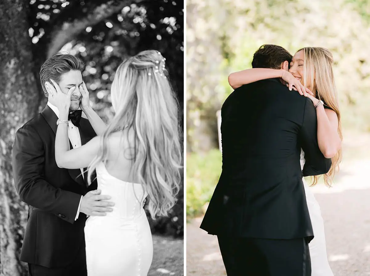 Madison and Travis emotional embrace during their Villa Le Fontanelle wedding first look.