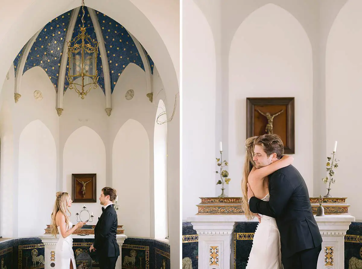 Bride and groom share an emotional embrace inside Villa Le Fontanelle Chapel.