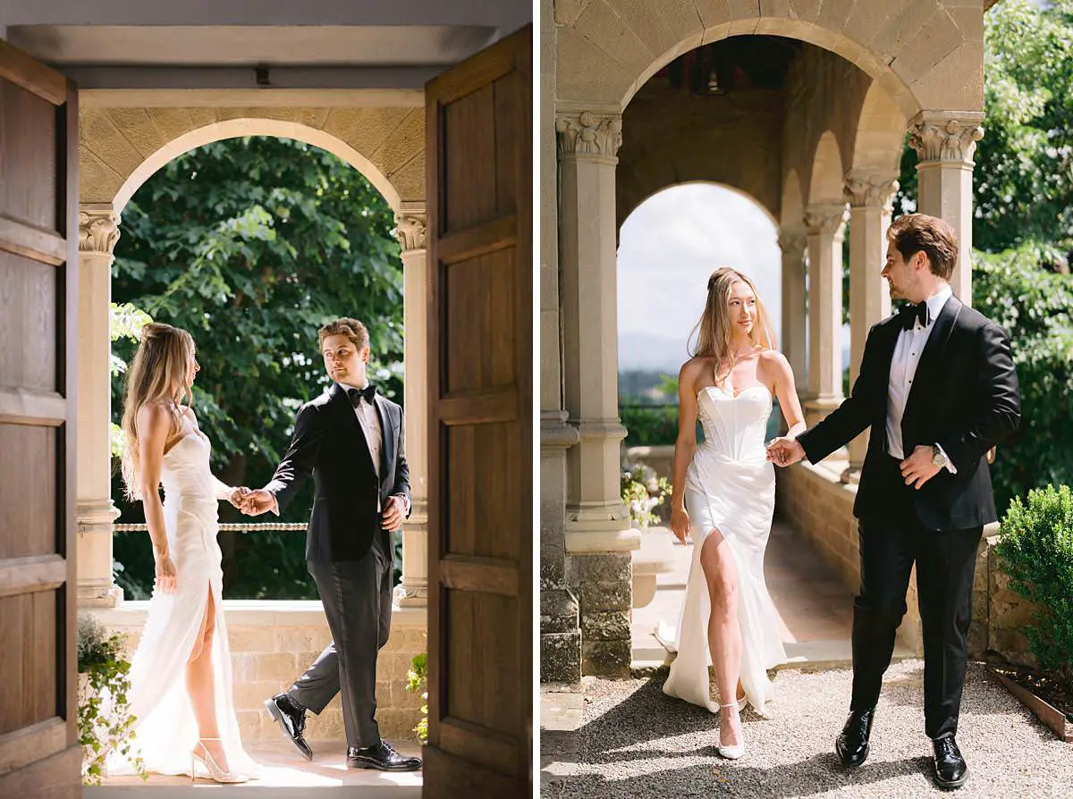 Newlyweds walk through the chapel doors at Villa Le Fontanelle.
