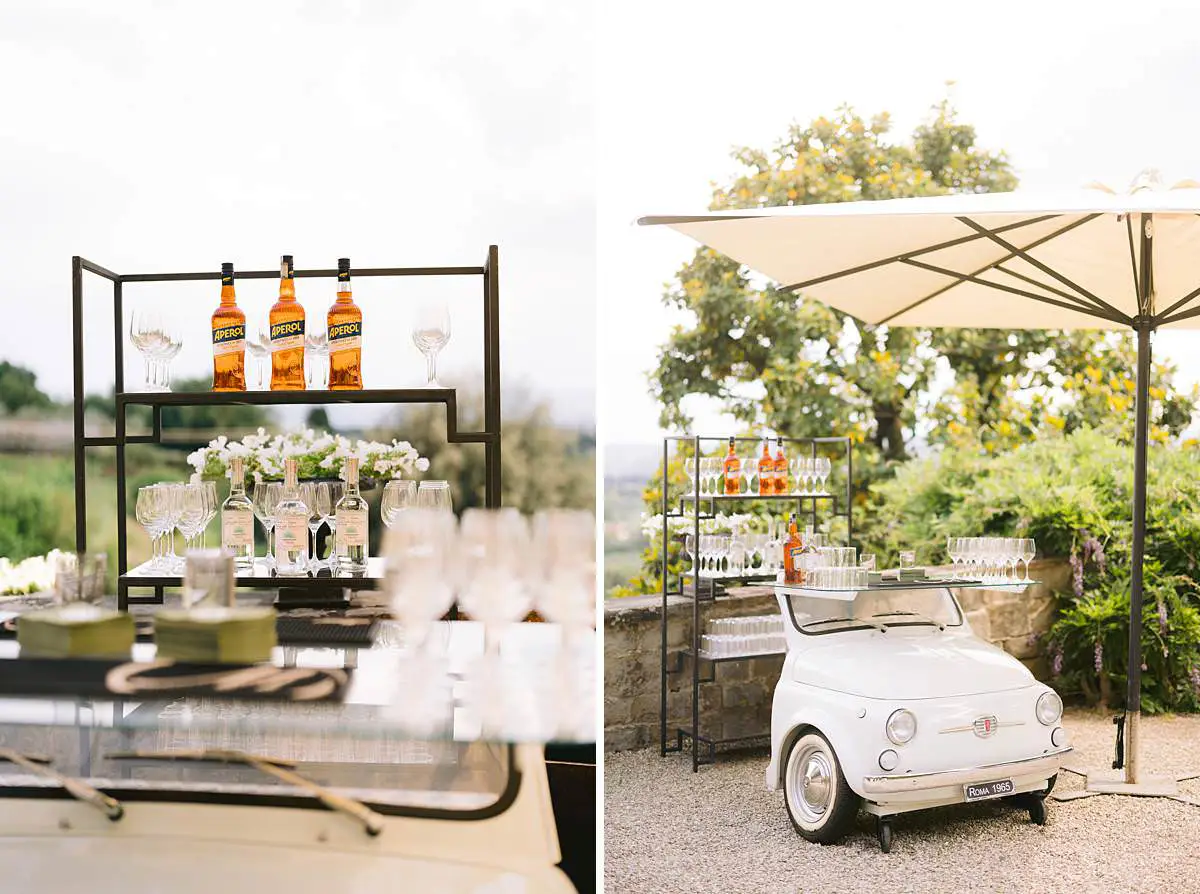 Aperitivo cart and vintage car set up for cocktail hour at Villa Le Fontanelle.