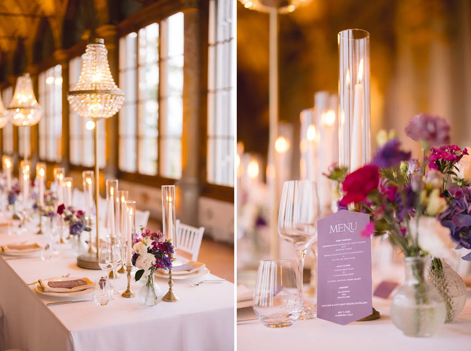 Two photographs of the wedding table at Villa Corsini show chandeliers, candles, purple menu stationery and small arrangements of pink and violet flowers.