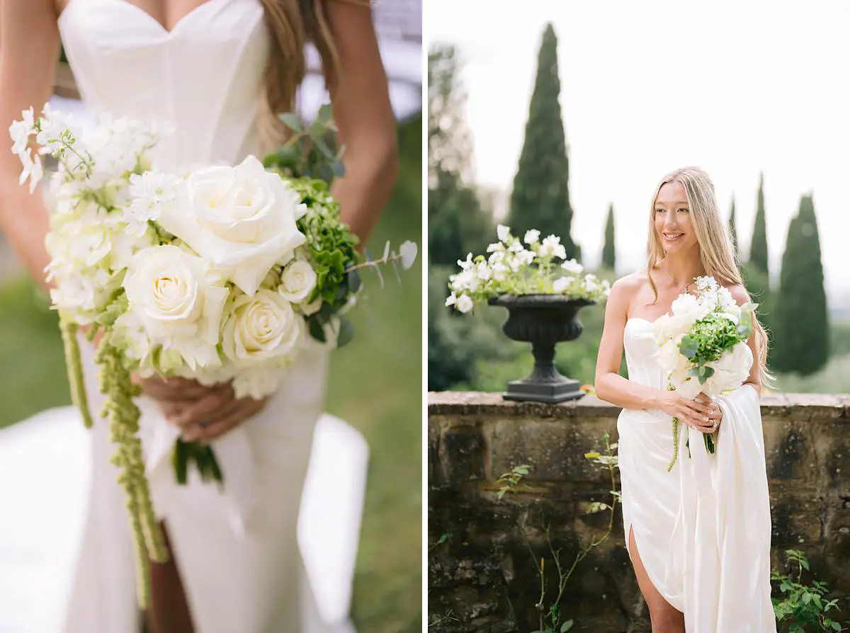 Bride holds a white rose bouquet in the gardens of Villa Le Fontanelle.