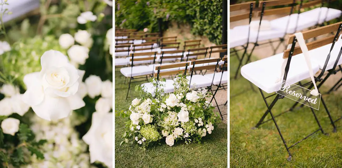 White roses and green floral arrangements decorate ceremony chairs at Villa Le Fontanelle.