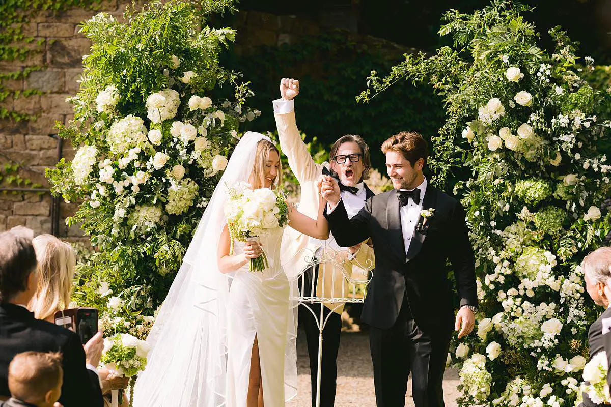 Madison and Travis celebrate their marriage after the garden ceremony at Villa Le Fontanelle.