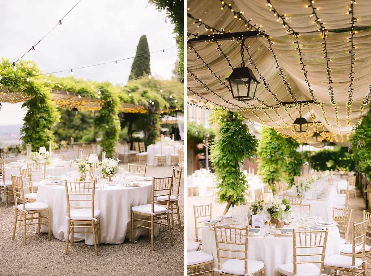 Wedding reception tables beneath greenery, string lights and lanterns at Villa Le Fontanelle.