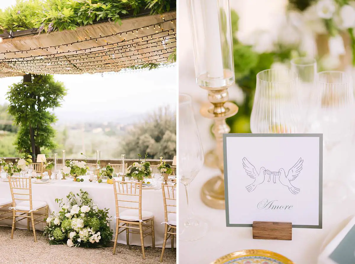Reception tables beneath lights with a dove illustrated place card at Villa Le Fontanelle.
