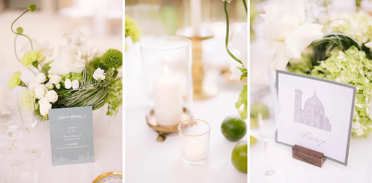 Wedding menu, candle, flowers and a Florence-themed table number at the Villa Le Fontanelle reception.