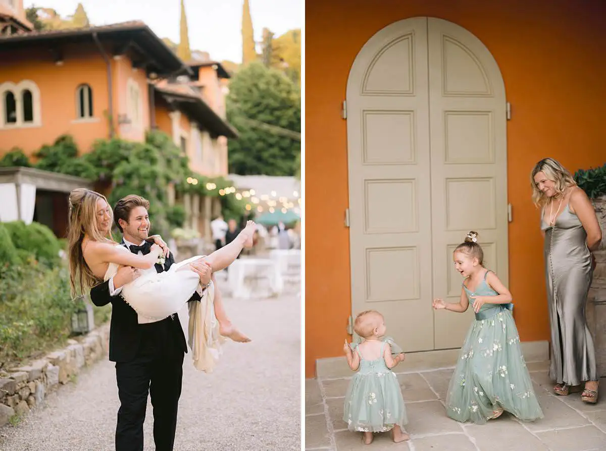 Newlyweds laugh together with guests outside Villa Le Fontanelle.