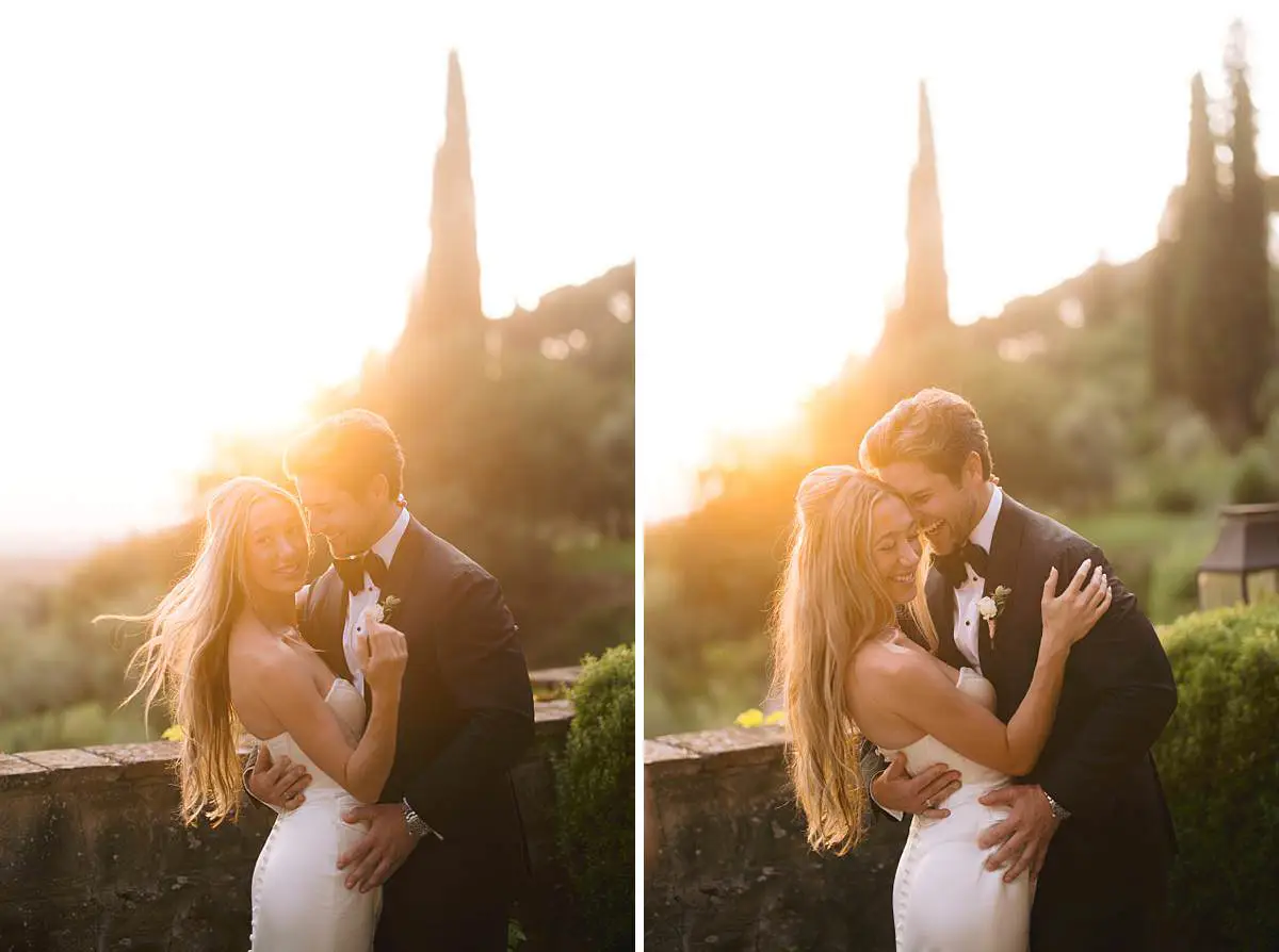 Madison and Travis embrace in warm sunset light in the Villa Le Fontanelle garden.