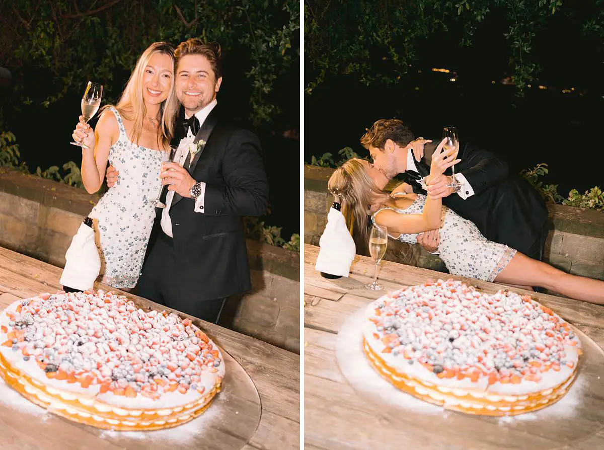 Newlyweds celebrate a berry-topped wedding cake at Villa Le Fontanelle.
